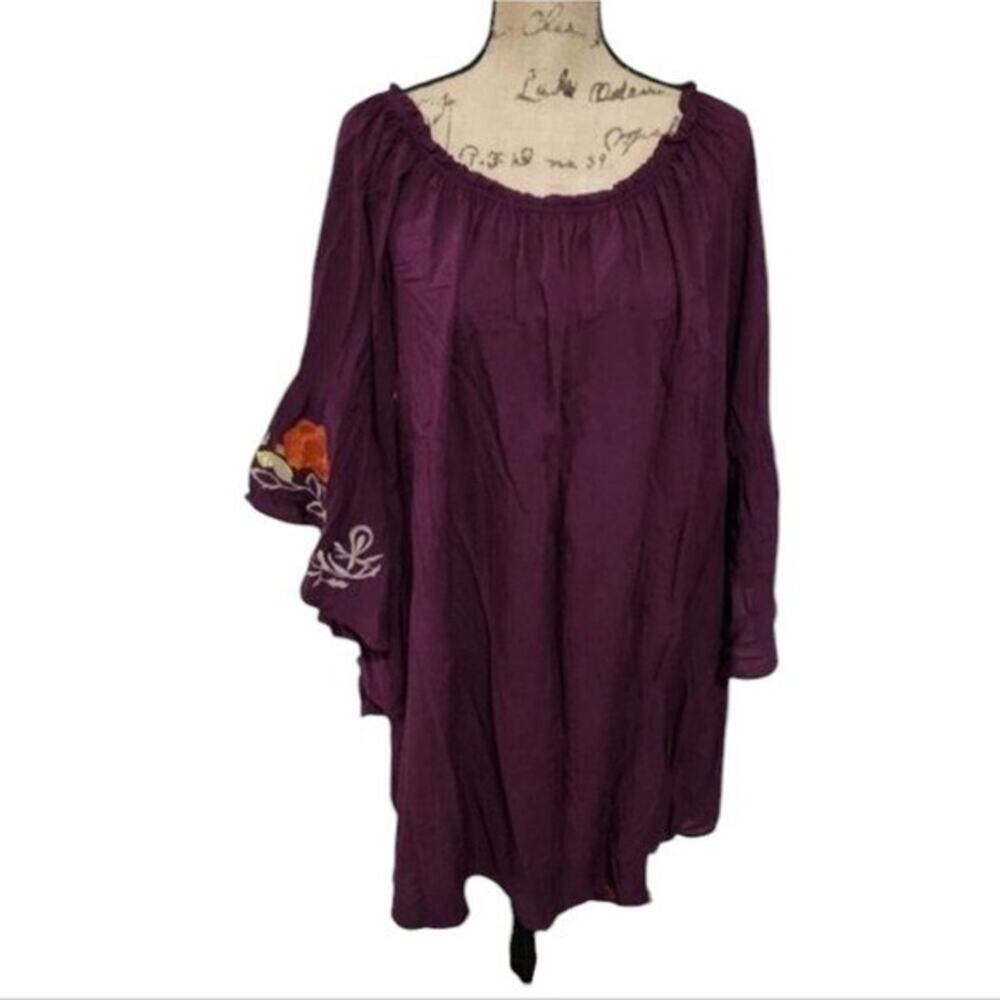 PURPLE EMBROIDERED FLORAL BELL SLEEVE BOHO PEASANT DRESS PLUS SIZE 2X NEW
